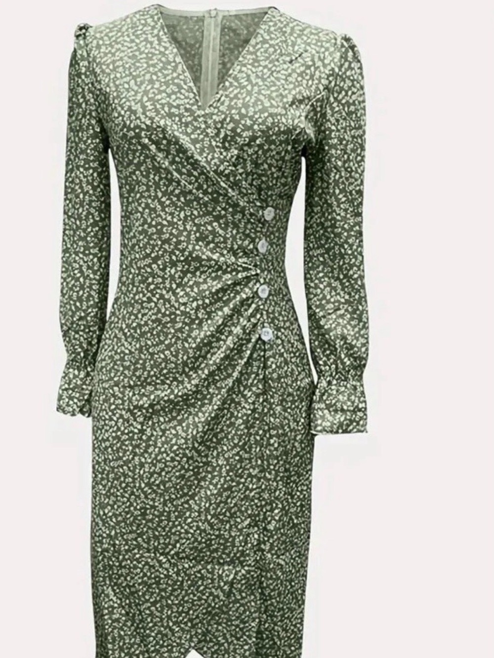 Green Floral Wrap Mini Dress with Button Detail - Picture 2 of 4